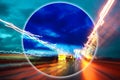 Modern art collage with evening expressway blurred view. Lights night road with motion blur effect in bright neon colors Royalty Free Stock Photo