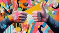 Modern Art Collage Featuring Thumbs Up Gestures By Hands On A Memphis Design Poster. Exploring The Intersection Of Contemporary Royalty Free Stock Photo