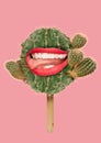 Modern Art Collage. Girl with lips head, cactus background