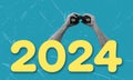 Modern art collage with hand-holding binoculars on a blue background and 2024 numbers. Concept of goals for the new year 2024,