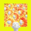 Modern art collage with the image of gerbera flowers and plaster sculpture of an Egyptian pharaoh woman with different