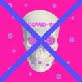 Modern art collage. White sculpture of a skull on a pink background with text covid-19 and crossed lines. Corona virus stop