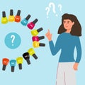 Modern art collage. woman is thinking about choosing nail polish. She has a lot of nail polish and wants to buy another