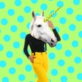 Modern art collage. Woman with unicorn`s head on color background Royalty Free Stock Photo