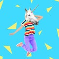 Modern art collage. Woman with unicorn`s head on color background Royalty Free Stock Photo