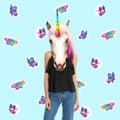 Modern art collage. Woman with unicorn`s head on color background Royalty Free Stock Photo