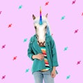 Modern art collage. Woman with unicorn`s head on color background Royalty Free Stock Photo