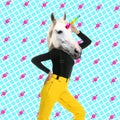 Modern art collage. Woman with unicorn`s head on color background Royalty Free Stock Photo