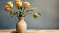 Modern art concept. elegant clay vase with rose on canvas and chaotic oil paint pattern