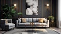 Modern art deco interior design of apartment, living room with gray sofa over the dark wall. Striped accent coffee table Royalty Free Stock Photo