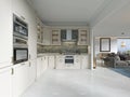 Modern art deco kitchen with classic elements. Glass facade and built-in appliances. Interior in beige colors