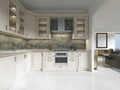 Modern art deco kitchen with classic elements. Glass facade and built-in appliances. Interior in beige colors