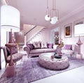 Modern art deco living room in lilac color with fashionable upholstered furniture, tv stand, console, magazine table with decor
