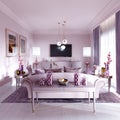 Modern art deco living room in lilac color with fashionable upholstered furniture, tv stand, console, magazine table with decor