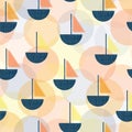 Modern Art Deco sailboats seamless vector pattern. Vintage Screen print style boats blue, orange, coral yellow. Layered