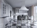 Modern art deco style kitchen with trendy black and white furniture and a chess marble floor. Kitchen island, bar stool Royalty Free Stock Photo