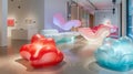 A modern art exhibit showcasing an array of abstract 3D inflatable sculptures displaying a blend of playful and elegant