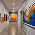 A modern art gallery-inspired hallway with large abstract paintings, track lighting, and sculpture displays3