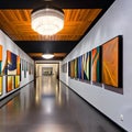 A modern art gallery-inspired hallway with large abstract paintings, track lighting, and sculpture displays1