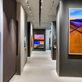 A modern art gallery-inspired hallway with large abstract paintings, track lighting, and sculpture displays4