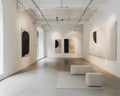 Modern art gallery interior with minimalist paintings and sculptures