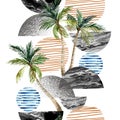 Modern art of geometric shapes, natural elements. Hand drawn illustration: beach, sea, sunset, palm trees