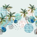 Modern art of geometric shapes, natural elements. Hand drawn illustration: planet, sea, sunset, palm trees Royalty Free Stock Photo