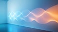 modern art installation features dynamic wave pattern of blue and orange light on minimalist wall Royalty Free Stock Photo