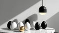 Modern art installation featuring several easter eggs on a round marble table. Royalty Free Stock Photo