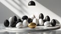 Modern art installation featuring several easter eggs on a round marble table. Royalty Free Stock Photo