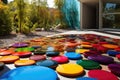 modern art installation with stepping stones, metal sculptures, and vibrant colors