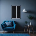 Modern Art Living Room Accent Blue Armchair, Big Frame On Wall, Natural Realistic Sunlight, Studio Gallery Generative AI