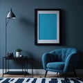 Modern Art Living Room Accent Blue Armchair, Big Frame On Wall, Natural Realistic Sunlight, Studio Gallery Generative AI