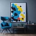 Modern Art Living Room Accent Blue Armchair, Big Frame On Wall, Natural Realistic Sunlight, Studio Gallery Generative AI