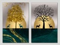 Modern art mural 3d wallpaper, night landscape, golden, black trees, dark marble sun and deers