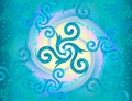 Modern art mural wallpaper with ancient triple spiral. Celtic triskele symbol ornament. Fantasy background with abstract Nordic