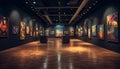 Modern art museum exhibits abstract paintings in a creatively illuminated space generated by AI