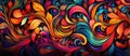 Modern art painting with vibrant magenta swirls and leaves on black background