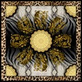 Modern Art for Silk Scarf Shawl, Golden Baroque on Zebra Skin Background. Royalty Free Stock Photo