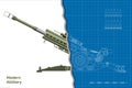 Modern artillery. Isolated 3d cannon blueprint. Top, side view of military weapon. Army gun drawing with ammunition