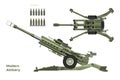 Modern artillery. Isolated 3d cannon. Top, side view of military weapon. Army gun with ammunition