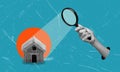 Modern artistic collage, a hand with a magnifying glass looking at a house