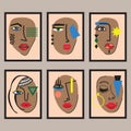 Modern assorted women and ladies different tanned abstract faces in black rectangle wall art frames set