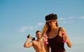 Modern athlete wear vr headset training on blue sky. Modern science for healthy life. Modern approach in sport. Modern