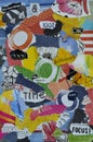Modern Atmosphere color blue, red, yellow, green,orange, black and white mood board collage sheet made of teared magazine paper w