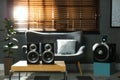 Modern audio speaker system on wooden table in living room. Interior design Royalty Free Stock Photo