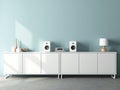 Modern audio stereo system mockup and white speakers on bureau in modern interior Royalty Free Stock Photo