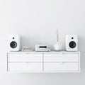 Modern audio stereo system with white speakers on bureau in modern interior Royalty Free Stock Photo