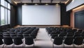 Modern auditorium with black chairs and large display screen. 3D Rendering