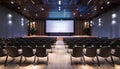 Modern Auditorium with Large Display Screen and Black Chairs. 3D Rendering